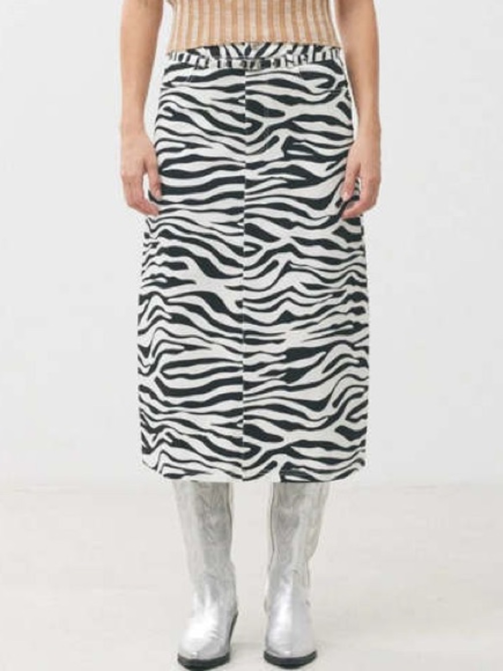 Zebra-Pattern Midi Skirt - Black and White